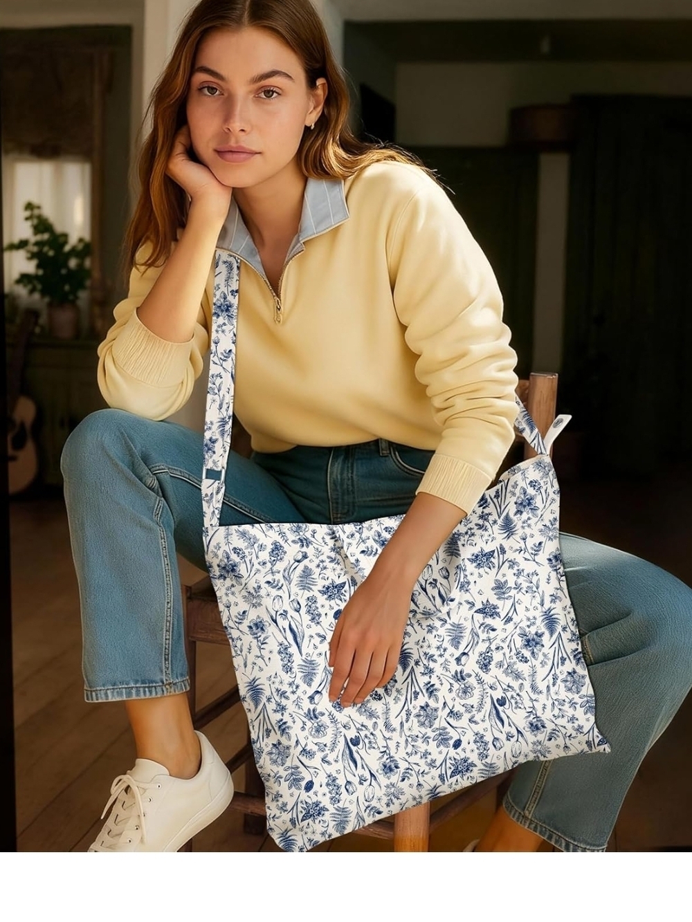 Floral Blue & White Tote Bag - Casual Everyday Shoulder Bag